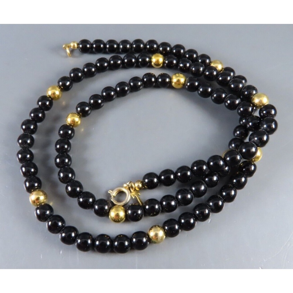 Vintage TRIFARI BEADED NECKLACE Jet Black Beads w/Gold Spacer Beads 24" LONG 6MM